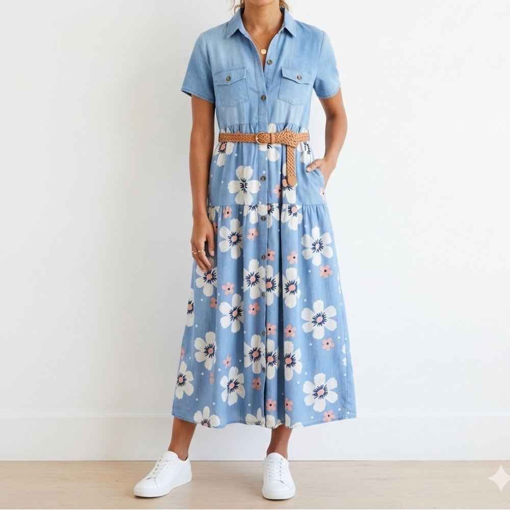 Blue Floral Button-Front Maxi Dress